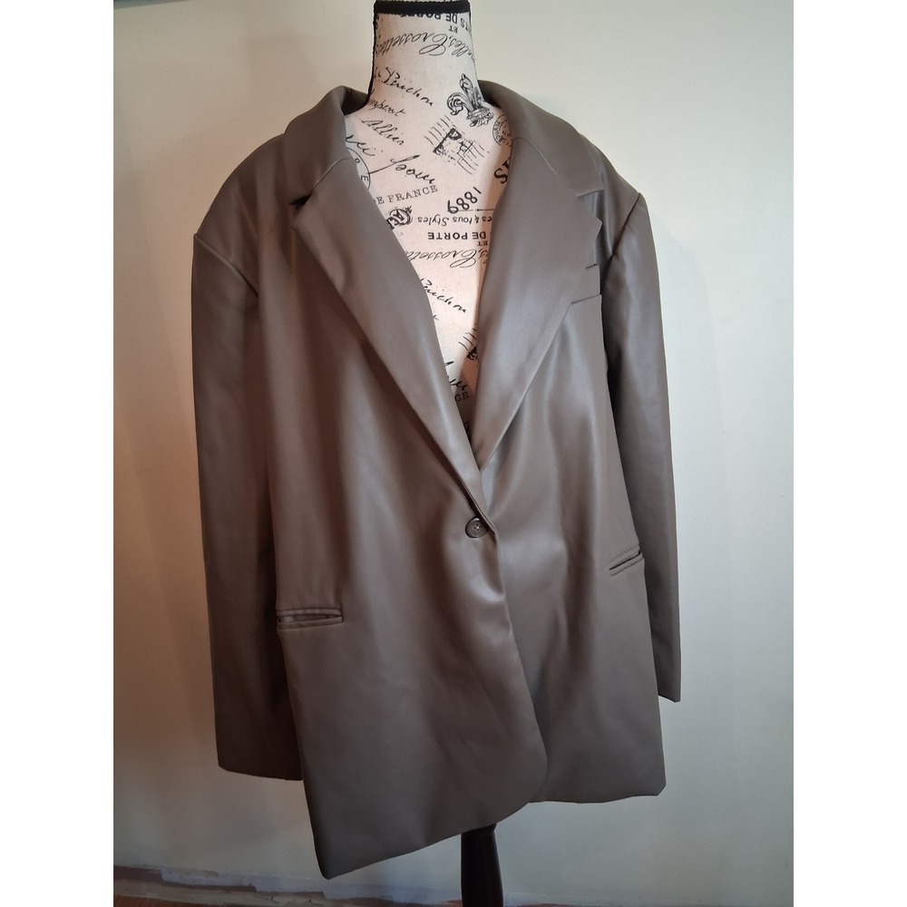 Design Lab Womens 3X Faux Leather Oversized Blazer Taupe Single Button Jacket